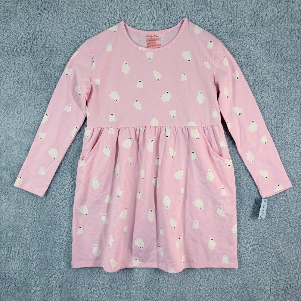 NEW Cat & Jack Girls Pink Ghost Print Long Sleeve Dress Kids Size‎ M Halloween